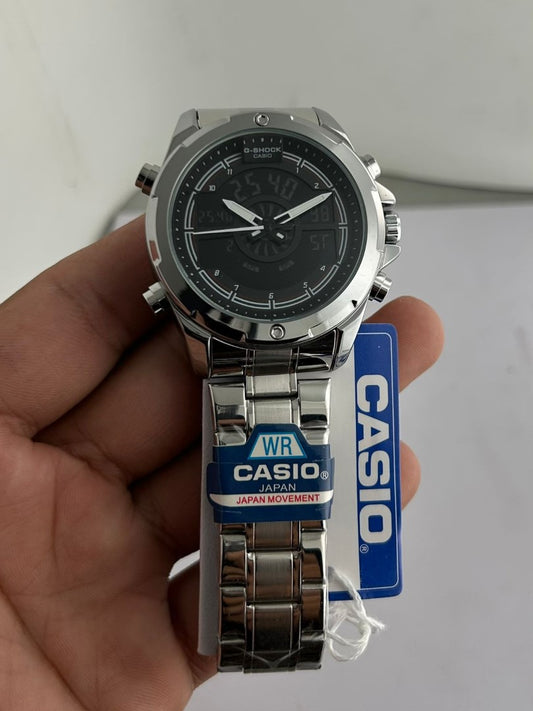 Casio watch held in a hand with a visible brand tag on a white background