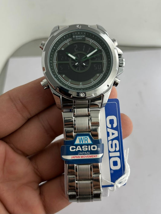 Casio watch held by a hand with a visible Casio tag on a light background