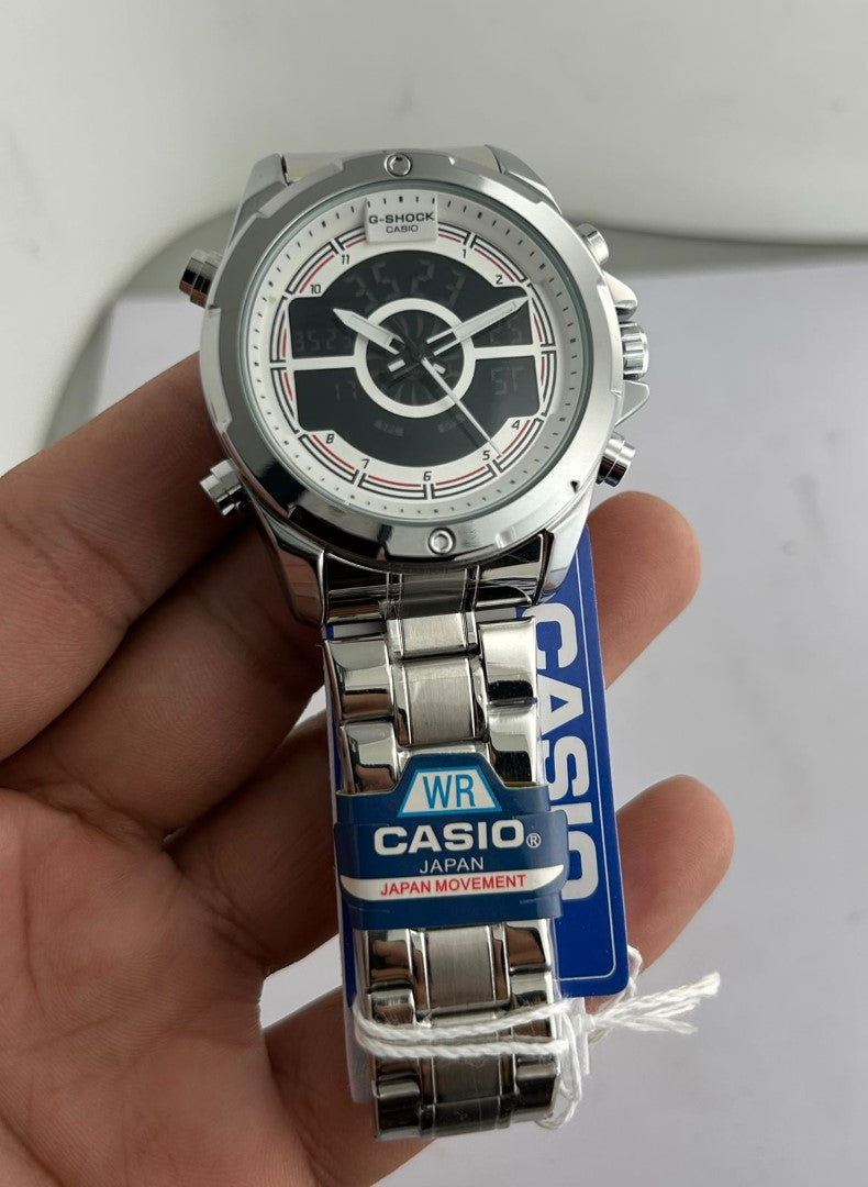 Casio watch held in a hand with a visible brand tag on a white background