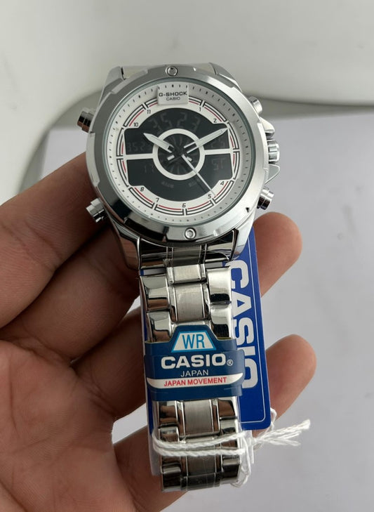 Casio watch held in a hand with a visible brand tag on a white background