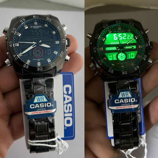 Two Casio watches held in hands, one with a blue face and digital display, the other with a green face and digital display, both on Casio packaging.
