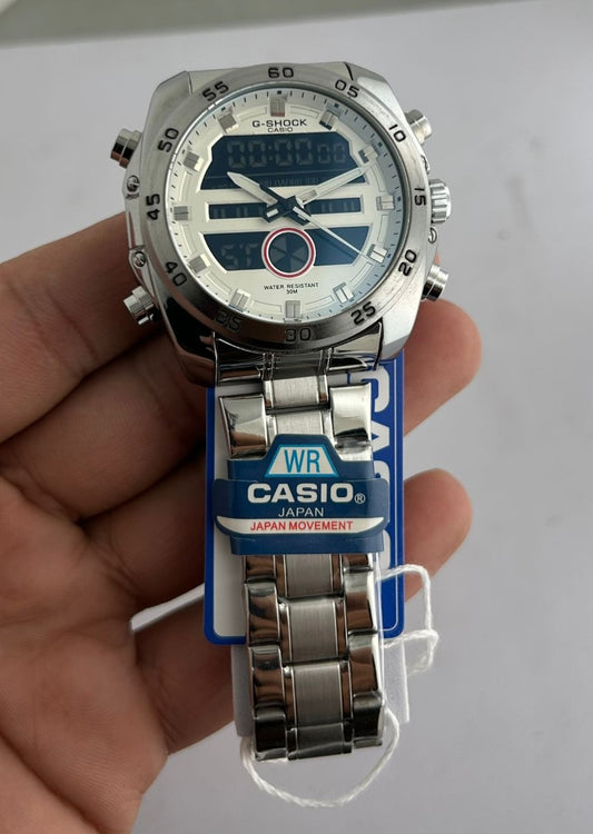 Silver Casio watch held by a hand with a white background