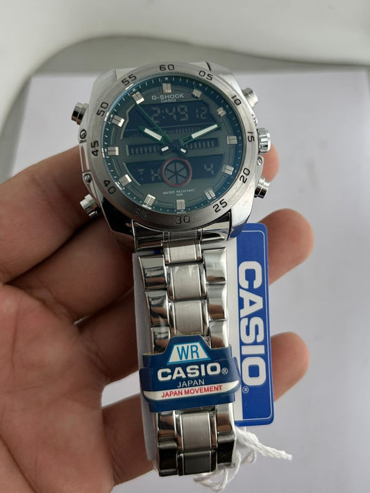 Casio watch with a visible brand tag held by a hand on a white background