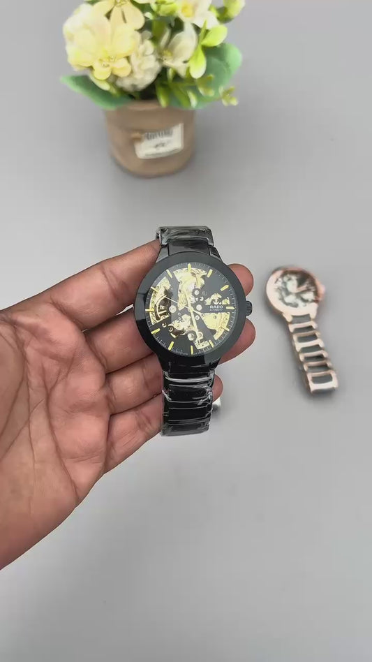 Rado Black Skeleton Automatic Men’s Luxury Watch with Transparent Dial